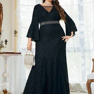 Trumpet Sleeve Rhinestone Detail Mermaid Hem Lace Dress